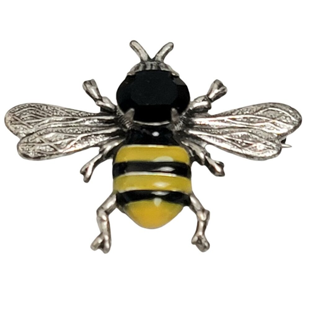 Sadie Green Black Stone Black Yellow Enamel Bee Insect Pin Brooch, Signed